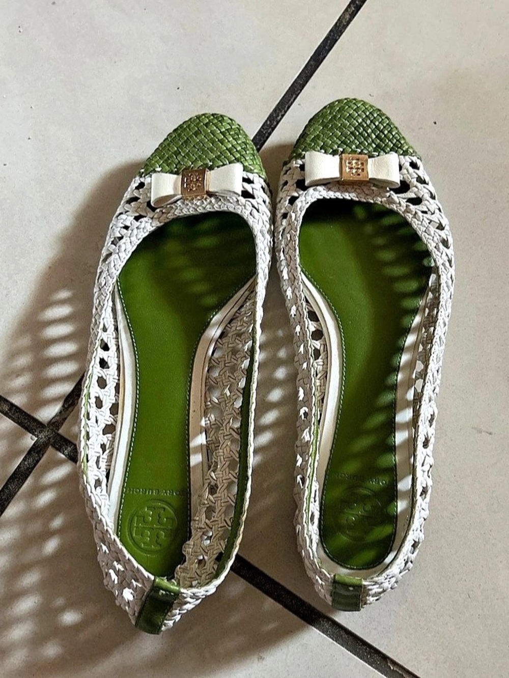 Tory Burch Woven Leather Cap-Toe Ballerina Flats White & Green US 9M